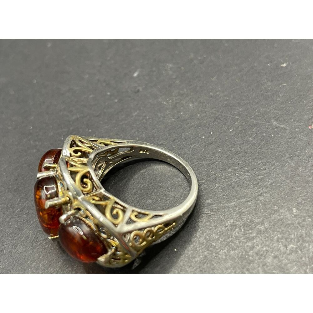 VTG STS 925 Sterling Silver Baltic Cognac Amber Filigree 3 Stone Ring Size 8.75 - Picture 5 of 7